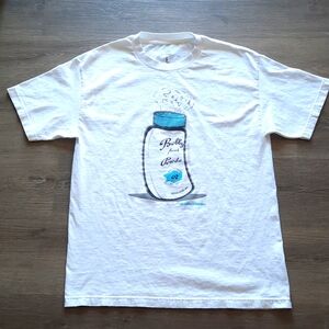 Men's white t-shirt with baby powder graphics by Bobby Fresh. Sz - Large